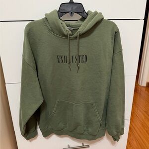 Olive Green Hoodie with 'Exhausted' Print